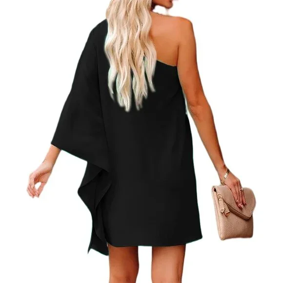 Women's Polyester Spandex One Shoulder Batwing Sleeve Dress for Party